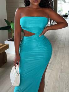 Alexandranx Women's Strapless Hollow Out Waist Side Slit Dress - Mint Blue - View 3
