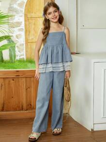 Hapijoa Tween Girls' Vacation Casual Color Block Lace Splice Striped Camisole And Pants Set