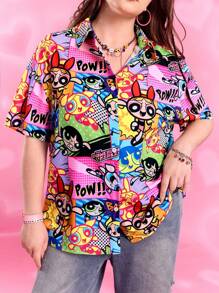 THE POWERPUFF GIRLS X SHEIN 大尺碼女款夏季 Y2K 休閒度假返校學院風可愛寬鬆粉色花朵圖案前排扣短袖襯衫 生日禮物 - 彩色 - 查看 3