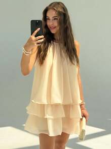 Aloruh Date Night Outfits Women Apricot Cute Vacation Halter Tie Ruffle Hem Mini Skater Dress For Women - Apricot - View 7
