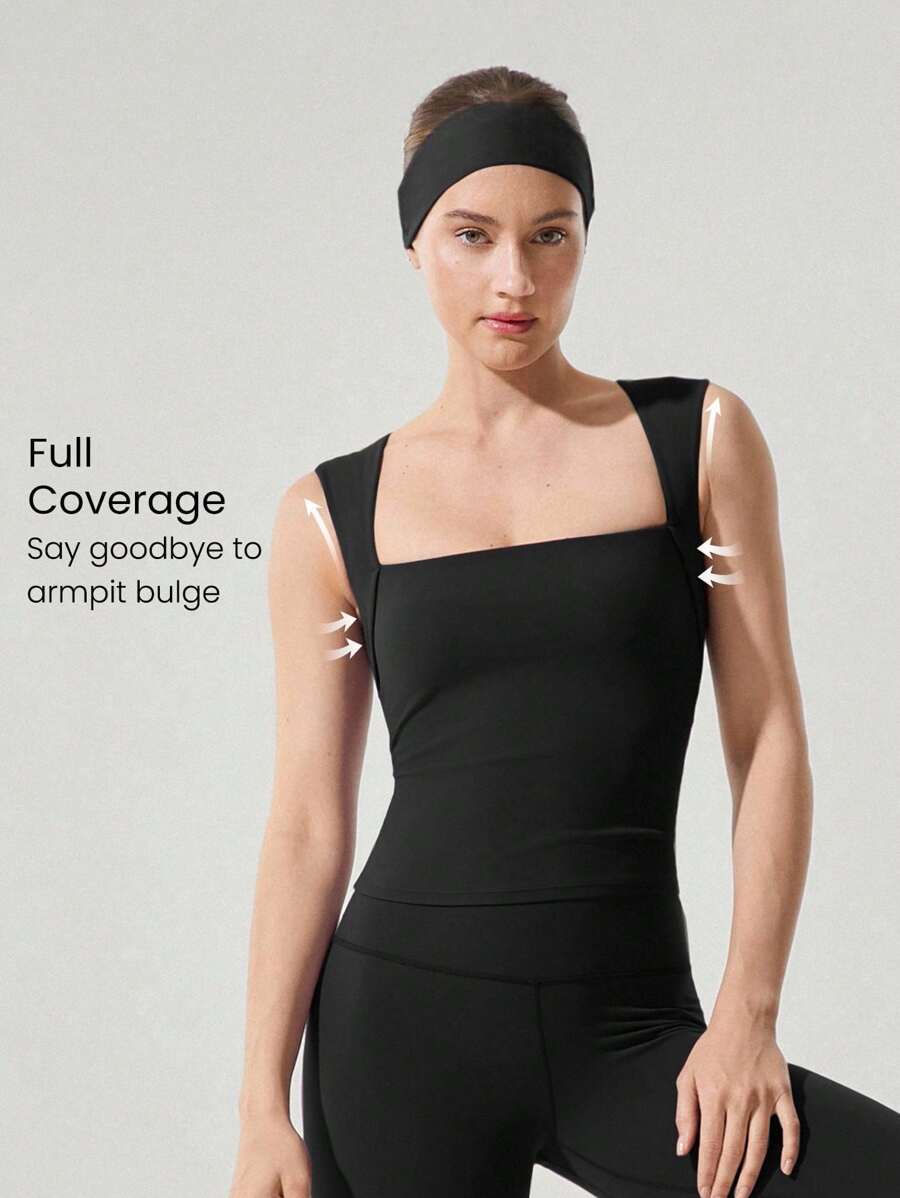 GLOWMODE FeatherFit™ Full Underarm Hip Length Square Neck Basic Tank Top Low Impact Yoga Pilates Studio Daily Removable Cups Fall Winter - Black - View 1