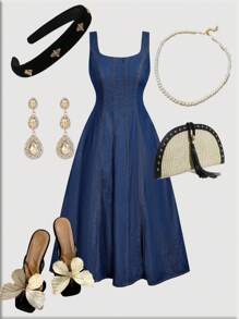 SHEIN MOD 女式夏季休闲水洗无袖牛仔连衣裙