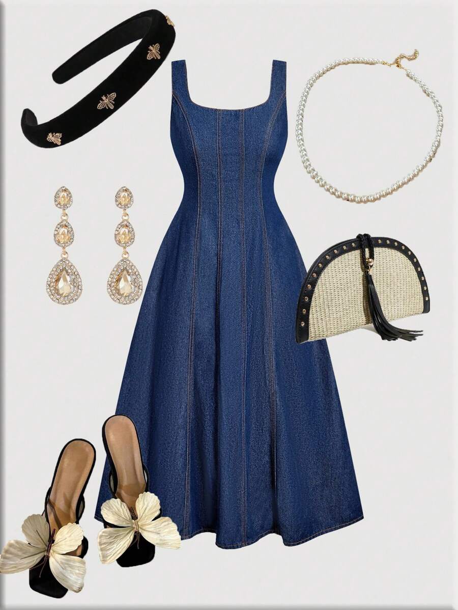 SHEIN MOD 女式夏季休闲水洗无袖牛仔连衣裙