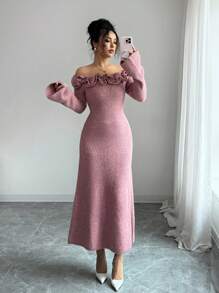 Elenzga Women Off-Shoulder Ruffle Hem Knit Sweater Dress Fall Winter Cloth For Women - Pink - View 1