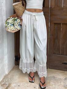 Sunnyshic Women Vintage Lace Puffed Long Pants Fall Cloth For Women