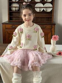 LMoss Kids Gestrickter Kardigan mit 3D-Blumen für Kleine Mädchen, Lässig leook