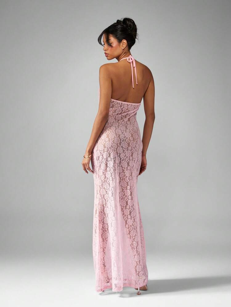 MISSGUIDED Robe longue cache-cœur en dentelle avec dos nu et lien à nouer