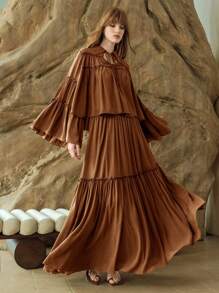 Arave 女士雪纺褶皱荷叶边系领宽松飘逸衬衫，秋季女装，外出上衣，波西米亚风美拉德印花 - 摩卡棕 - 查看 6