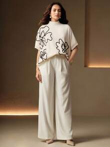 Anewsta Áo len dệt kim thêu hoa cổ đứng tay cánh dơi cho nữ - trắng - Xem 6