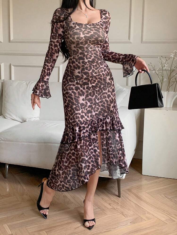 Women's Fashionable Leopard Print Sexy Fitted Long Sleeve Ruffle Decor Mid-Calf Dress