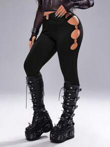 Whyspr 大码女式圆链装饰镂空修身打底裤 - 黑色 - 查看 5