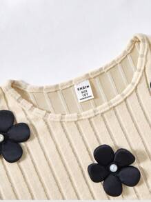 Sparklyn 2 pezzi/set outfit casual per ragazze pre-adolescenti, un top manica lunga decorato con fiori e perle e un vestito a camicia con spalline, abbigliamento elegante e lussuoso per uso esterno - Albicocca - Visualizzare 4