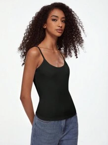 SHEIN BASICS 女款純色細肩帶背心上衣 簡約時尚日常休閒上衣 黑色 - 黑色 - 查看 5
