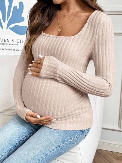 SHEIN Pregnant Women's Casual All-Match Solid Color Slim Long-Sleeved T-Shirt Pregnancy Clothing Ribbed Maternity Top Maternity Tops Maternity Shirts For Women Maternity Clothes Fall Winter