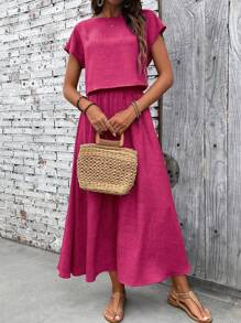EMERY ROSE 2pcs/Set Women Vacation Casual Solid Color Shirt And Skirt - Hot Pink - View 4