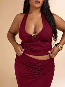 SHEIN BAE Ensemble deux pièces grande taille de femme : top court texturé en maille à fleurs 3D blanc à encolure ras-du-cou et jupe crayon transparente à taille nouée. Tenue de vacances, pour la Saint-Valentin, demoiselle d'honneur, tenue blanche, ensemble de remise des diplômes/rentrée scolaire - Rouge foncé - Voir 2