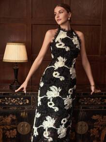 ZEYLAH 双色立体花朵蕾丝边开衩后背挂脖连衣裙 秋冬 - 黑色 - 查看 4