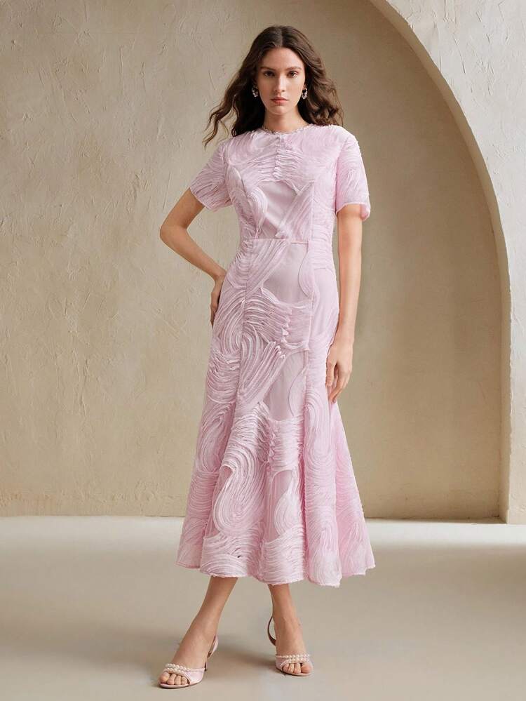 Beach Resort Style Floral Print Short Sleeve Round Neck Ruffle Trim Mermaid Hem Bodycon Dress, Suitable For Valentine's Day