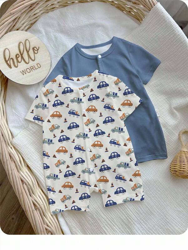 SHEIN Newborn Baby Unisex Printed Romper, Suitable For Summer