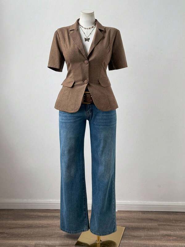 Sunspun Plus Size Women's Spring/Summer Notched Collar Short Sleeve Button Up Blazer, Textured Deep Brown