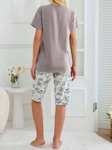 EURMUSE Conjunto de pijama de 2 piezas de 100% algodón con estampado de animales lindos, que incluye camisa y pantalón capri - Marrón Mocha - Ver 2