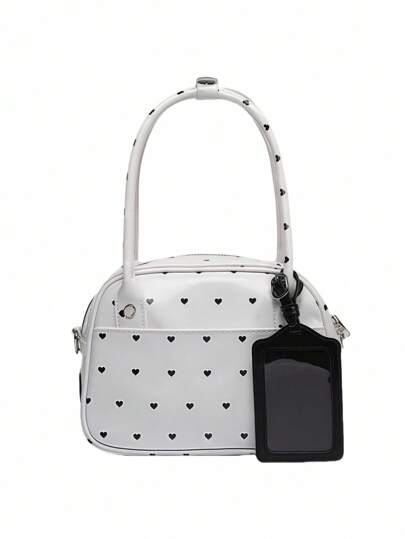 Kawaii Bolso de bolos decorado con corazón retro y lunares, con cartera, bolso de Boston dulce y de moda, adecuado para vacaciones, ocasiones sociales, fiestas, compras, blanco