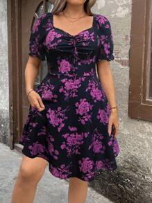 Pretty and Ole Plus Size Women Floral Print V-Neck Short Sleeve Knee-Length Dress - Purple - View 8