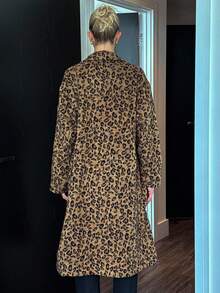 DAZY Abrigo largo y grueso de solapa de leopardo de doble botonadura de manga larga y holgado para mujer, otoño/invierno - Caqui - Ver 2
