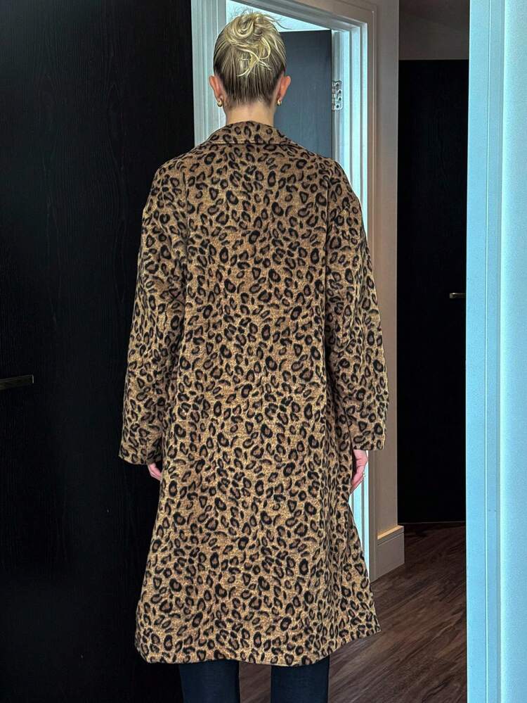 Leopard Print Lapel Double-Breasted Long Sleeve Loose Long Thick Overcoat For Women, Autumn/Winter
