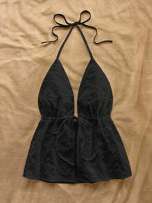 Soleia 女士度假白色纹理露背系带吊带背心，适合派对、约会、下午茶、海滩、夏季 - 黑色 - 查看 6