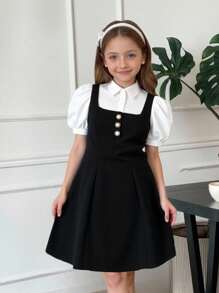 SHEIN Vestido de manga corta informal con cuello, mangas abullonadas y corte de color en bloques para niñas preadolescentes
