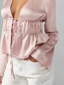MISSGUIDED Empire Waist Blouse Ruffled Long Bell Sleeve V Neck Ruched Front Party Evening Holiday Elegant Dressy Spring Summer Light Fashion Top - Pink - View 3