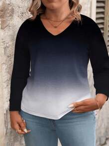 INAWLY Áo thun dệt kim mềm mại cổ chữ V dài tay in họa tiết ombre cỡ lớn dành cho nữ, áo thun họa tiết thu đông dành cho nữ mùa xuân - Nhiều màu - Xem 5