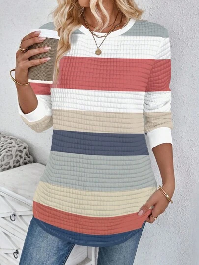 SHEIN LUNE 秋冬休闲条纹圆领格子舒适运动衫，弧形下摆，侧开衩