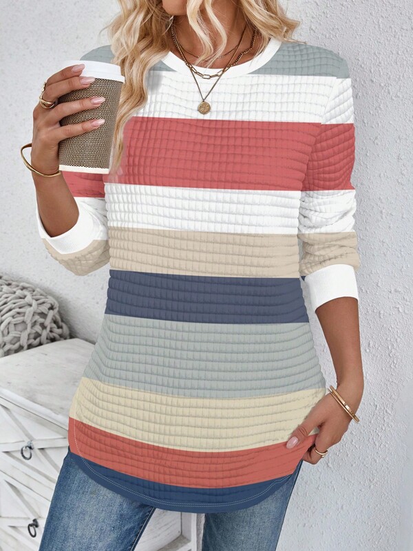 SHEIN LUNE 秋冬休闲条纹圆领格子舒适运动衫，弧形下摆，侧开衩