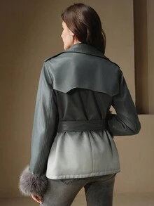 SHEIN X Jwoww Anewsta 灰色渐变拉链可拆卸兔毛领腰部收紧袖口皮夹克，适合秋季、冬季、外出、优雅、正式、派对、别致、新年、女士冬季外套、圣诞节、工作、毕业 - 灰色 - 查看 9