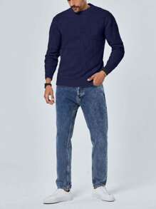 SHEIN Cottnline Men's Round Neck Long Sleeve Sweater - Navy Blue - View 3