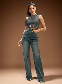 Denimoi 女式斜肩短款时尚上衣，带金属扣眼装饰 - 深灰色 - 查看 3