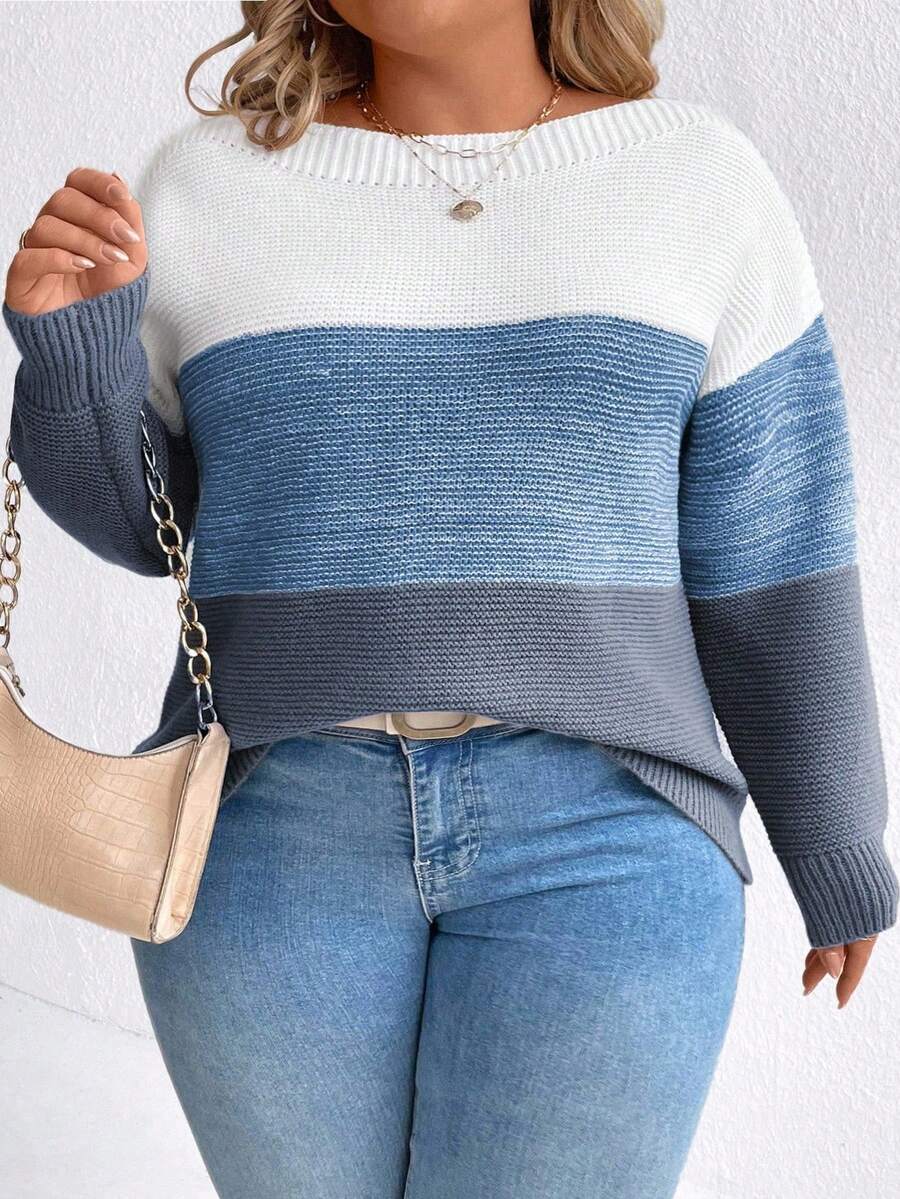 SHEIN CURVE+ 大码女式撞色休闲宽松针织毛衣上衣 - 彩色 - 查看 1