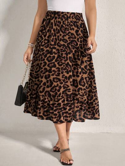 Comfylo 大码复古印花长裙动物印花豹纹半身裙外出裙秋季服装