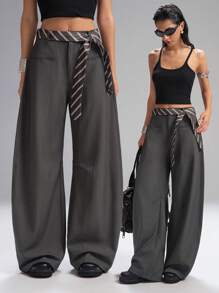 LYSMO 2025 新款女士休闲宽松弯刀西装裤，配条纹腰带，适合通勤和日常穿着，办公室，秋冬时尚简约 - 深灰色 - 查看 6