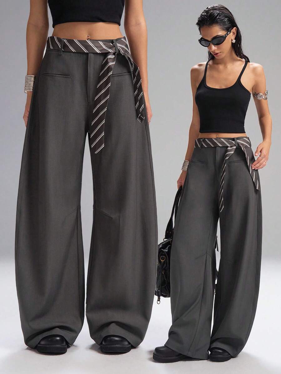 SHEIN EZwear Plus Size Fashionable Commuter Solid Color Curved Leg Suit Pants Pants Loose Pants For Women In Fall/Winter - Grey - View 1