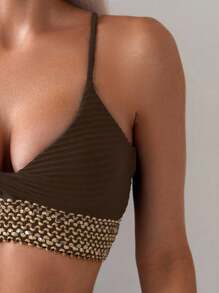 SHEIN Swim 女士假日海滩梭织拼布比基尼套装