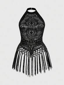 ROMWE Plus Size Women Gothic Vintage Pattern Flocked Fringed Top - Black - View 1