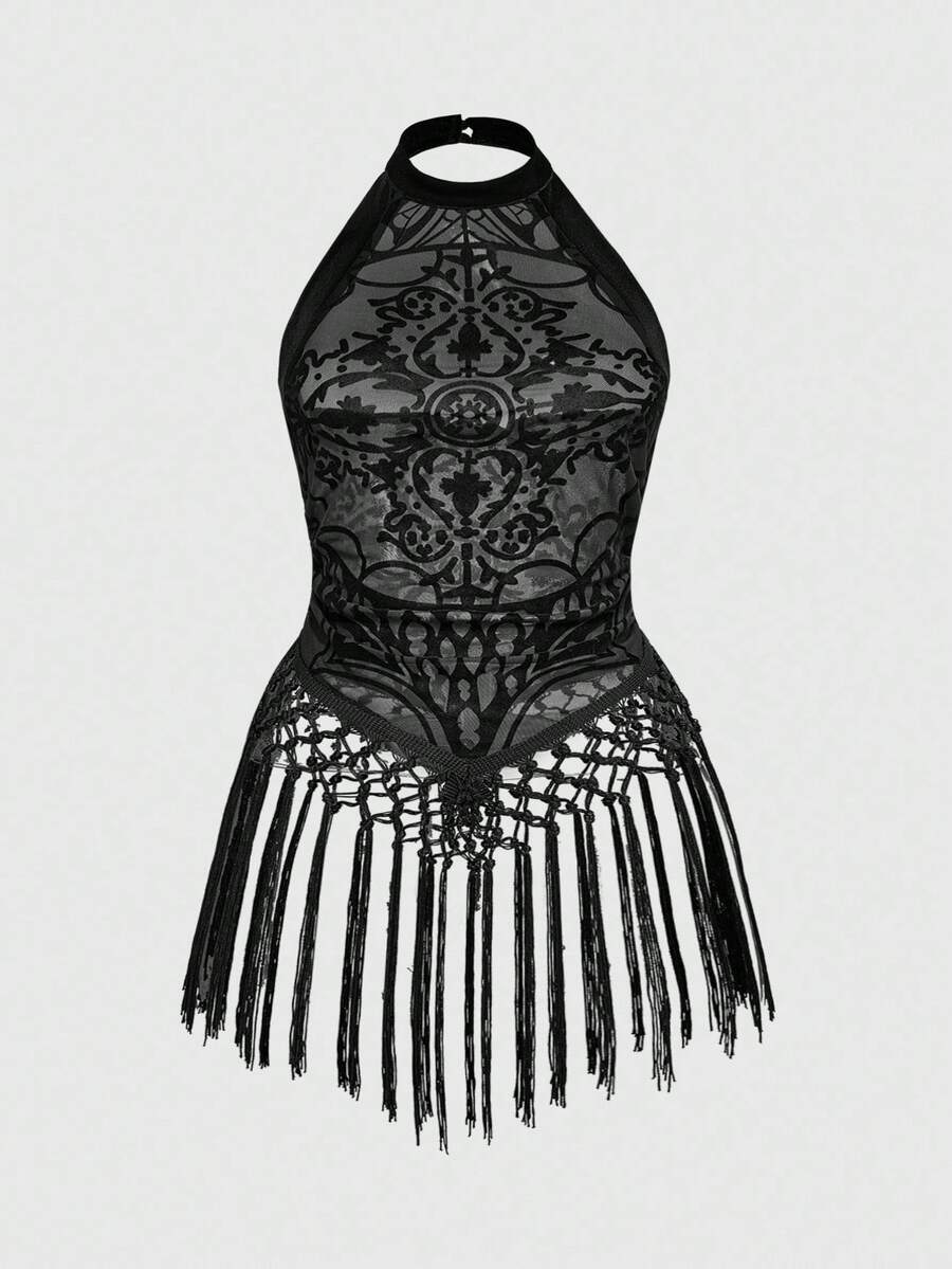 ROMWE Plus Size Women Gothic Vintage Pattern Flocked Fringed Top - Black - View 1