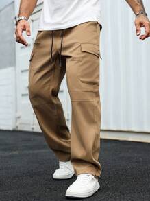 Manfinity Homme Quần Cargo cạp chun màu trơn đơn giản có túi nắp cho nam - Màu Khaki - Xem 1