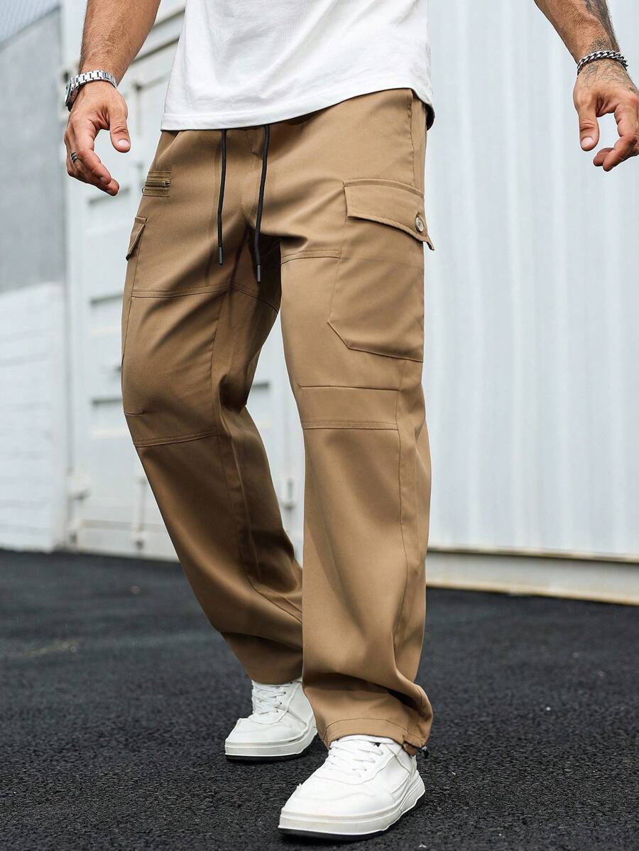 Manfinity Homme Quần Cargo cạp chun màu trơn đơn giản có túi nắp cho nam - Màu Khaki - Xem 1