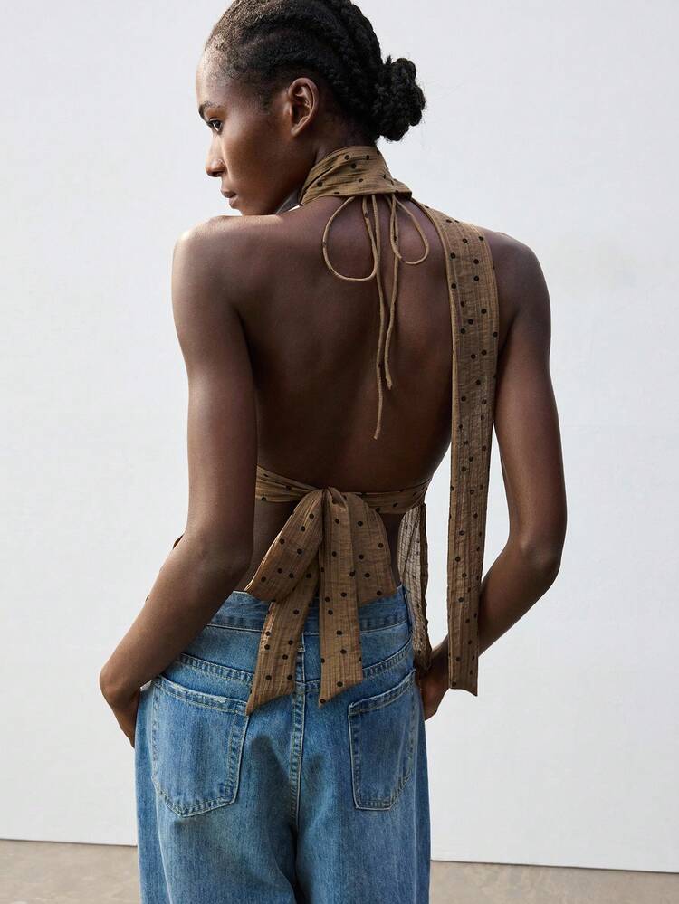 SHEIN Maija Vintage Polka Dot Draped Neck Tie Strap Sexy Sleeveless Top For Women, Urban Commute Business Casual Top, Office Wear, Teacher, Bohemian Beach Music Festival Top, Autumn/Winter