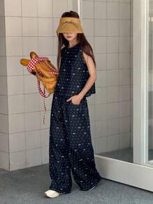 DAZY 少女波点蝴蝶结印花圆领无袖上衣和阔腿牛仔裤宽松套装