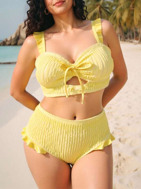 Swim Mod Plus Summer Beach Boho Drawstring Ruffle Trim Bikini Swimsuit ,Back To School,Butter Yellow,Birthday Swimsuit,Seaside